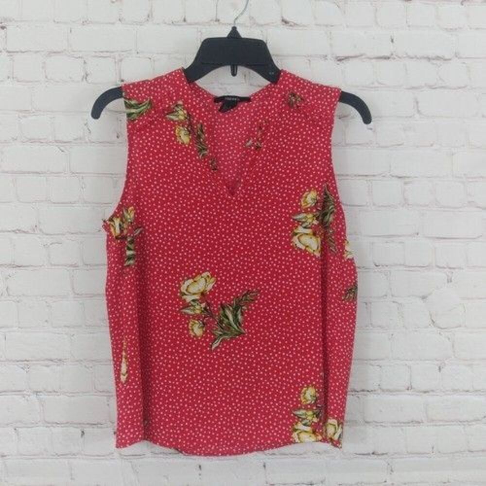 Forever 21 Top Womens Small Red Polka Dot Floral Sleeveless V Neck Boho Summer
